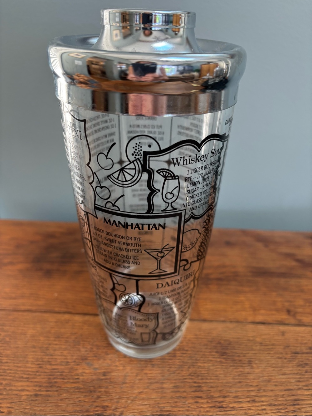 Vintage MCM Cocktail Shaker with Recipe Graphics - Silver & Clear